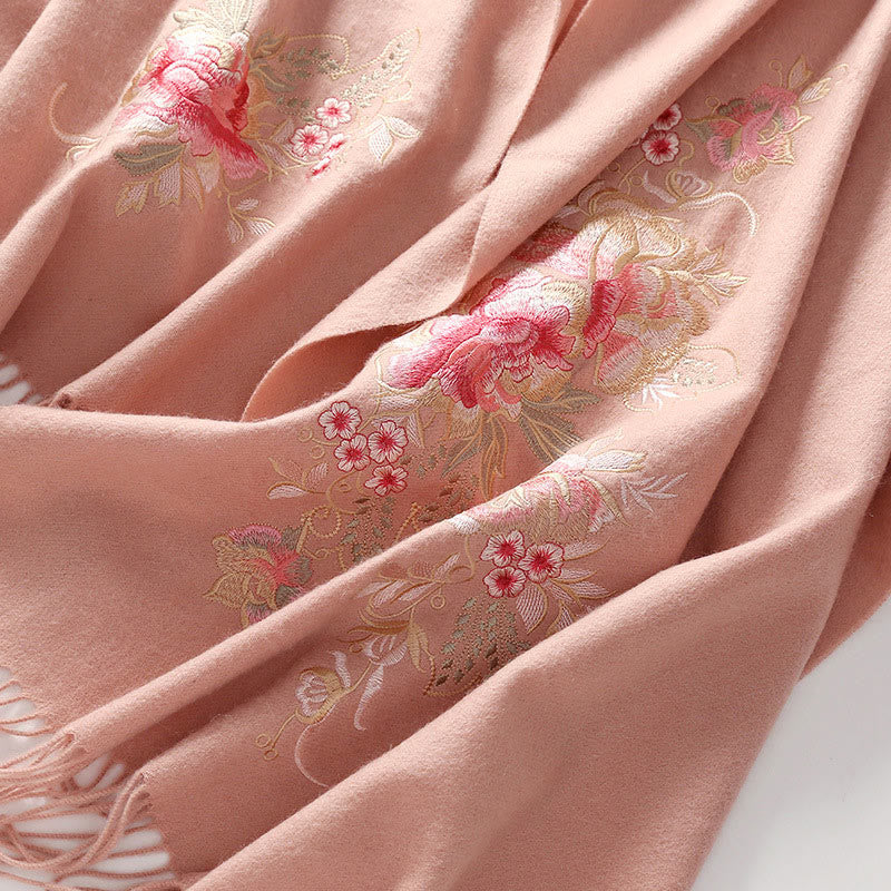 Chal de lana con Buddha Stones y borlas bordadas con flores rojas y rosas, bufanda de viaje acogedora para el invierno