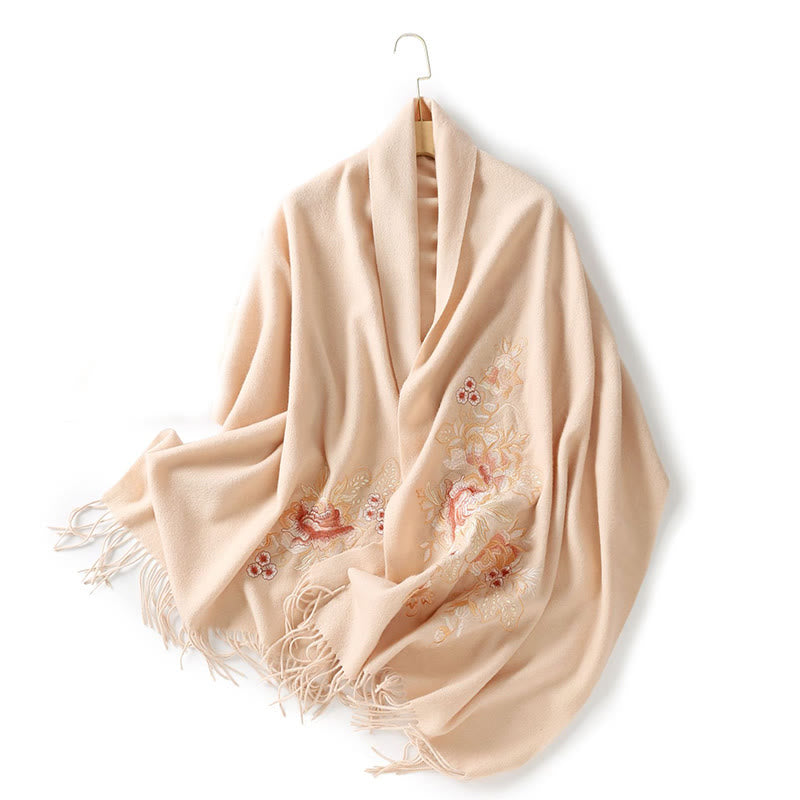 Chal de lana con Buddha Stones y borlas bordadas con flores rojas y rosas, bufanda de viaje acogedora para el invierno