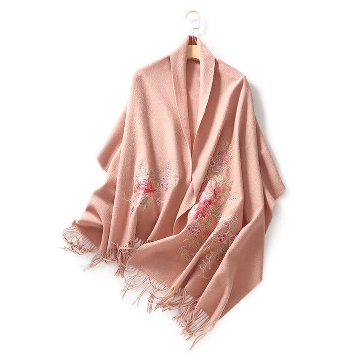 Chal de lana con Buddha Stones y borlas bordadas con flores rojas y rosas, bufanda de viaje acogedora para el invierno