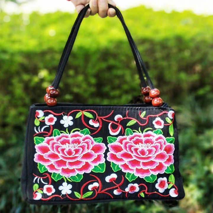 Bolso de mano de lona con bordado de doble cara, diseño de flores de peonía, pavo real y Buddha Stones, Galsang Inula