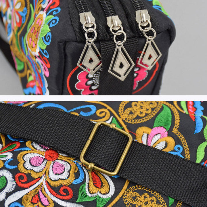 Bolso de mano tipo bandolera con bordado de doble cara de lona con diseño de flores de peonía, pavo real y piedras de Buddha Stones Galsang Inula