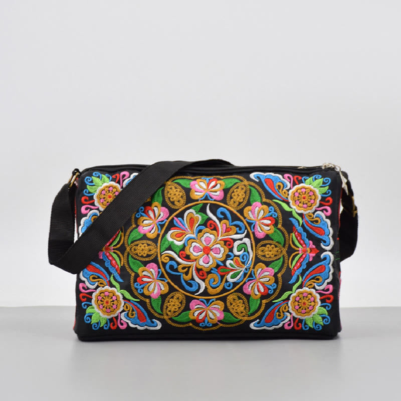 Bolso de mano tipo bandolera con bordado de doble cara de lona con diseño de flores de peonía, pavo real y piedras de Buddha Stones Galsang Inula