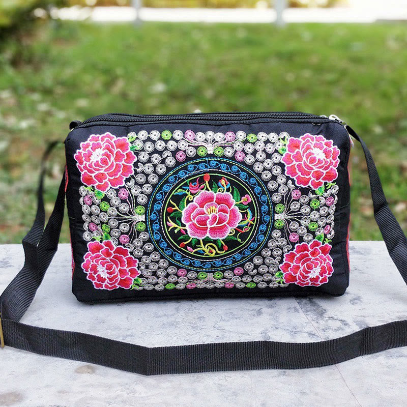 Bolso de mano tipo bandolera con bordado de doble cara de lona con diseño de flores de peonía, pavo real y piedras de Buddha Stones Galsang Inula