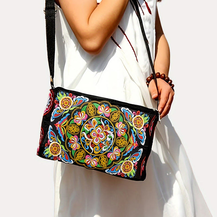 Bolso de mano tipo bandolera con bordado de doble cara de lona con diseño de flores de peonía, pavo real y piedras de Buddha Stones Galsang Inula