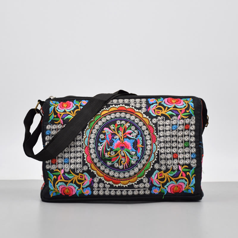 Bolso de mano tipo bandolera con bordado de doble cara de lona con diseño de flores de peonía, pavo real y piedras de Buddha Stones Galsang Inula