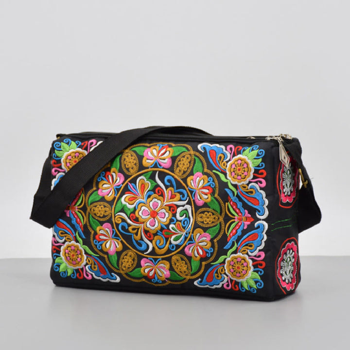 Bolso de mano tipo bandolera con bordado de doble cara de lona con diseño de flores de peonía, pavo real y piedras de Buddha Stones Galsang Inula