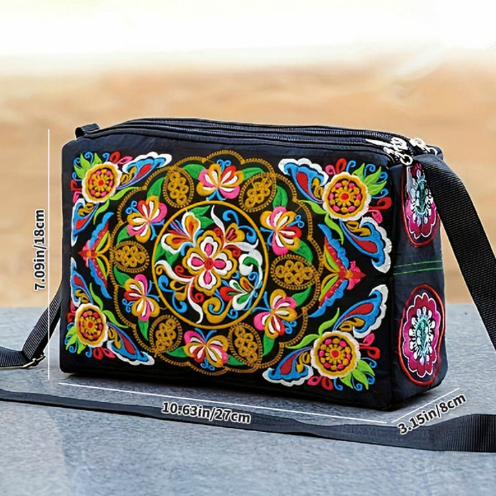 Bolso de mano tipo bandolera con bordado de doble cara de lona con diseño de flores de peonía, pavo real y piedras de Buddha Stones Galsang Inula