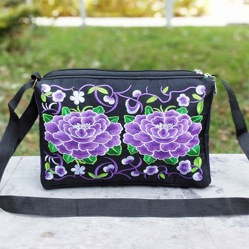 Bolso de mano tipo bandolera con bordado de doble cara de lona con diseño de flores de peonía, pavo real y piedras de Buddha Stones Galsang Inula