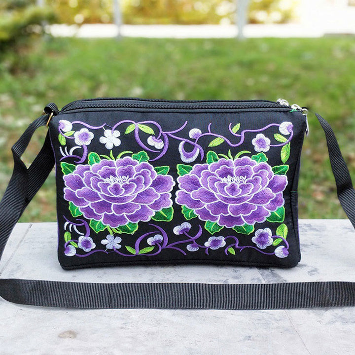 Bolso de mano tipo bandolera con bordado de doble cara de lona con diseño de flores de peonía, pavo real y piedras de Buddha Stones Galsang Inula
