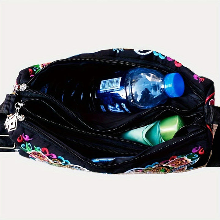 Bolso de mano tipo bandolera con bordado de doble cara de lona con diseño de flores de peonía, pavo real y piedras de Buddha Stones Galsang Inula