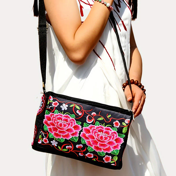 Bolso de mano tipo bandolera con bordado de doble cara de lona con diseño de flores de peonía, pavo real y piedras de Buddha Stones Galsang Inula