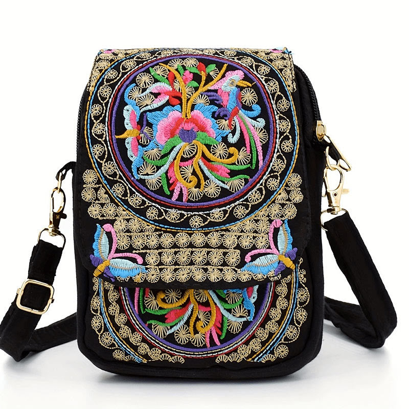 Bolso de mano de lona con bordado de peonías y flores de inula con Buddha Stones