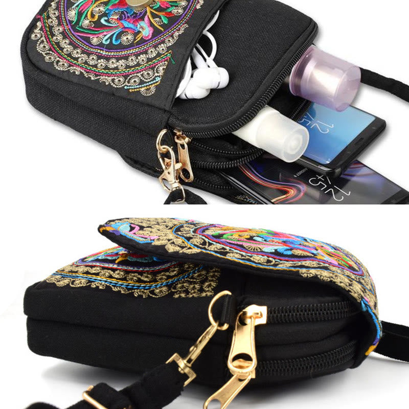 Bolso de mano de lona con bordado de peonías y flores de inula con Buddha Stones