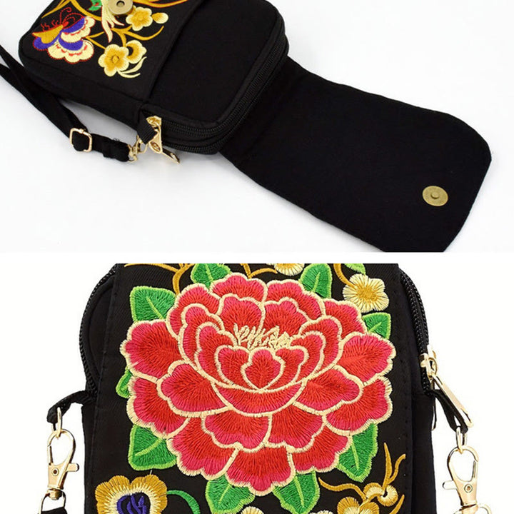Bolso de mano de lona con bordado de peonías y flores de inula con Buddha Stones