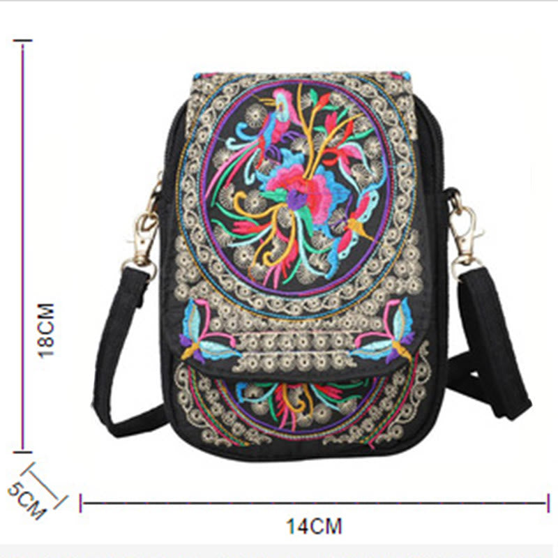 Bolso de mano de lona con bordado de peonías y flores de inula con Buddha Stones
