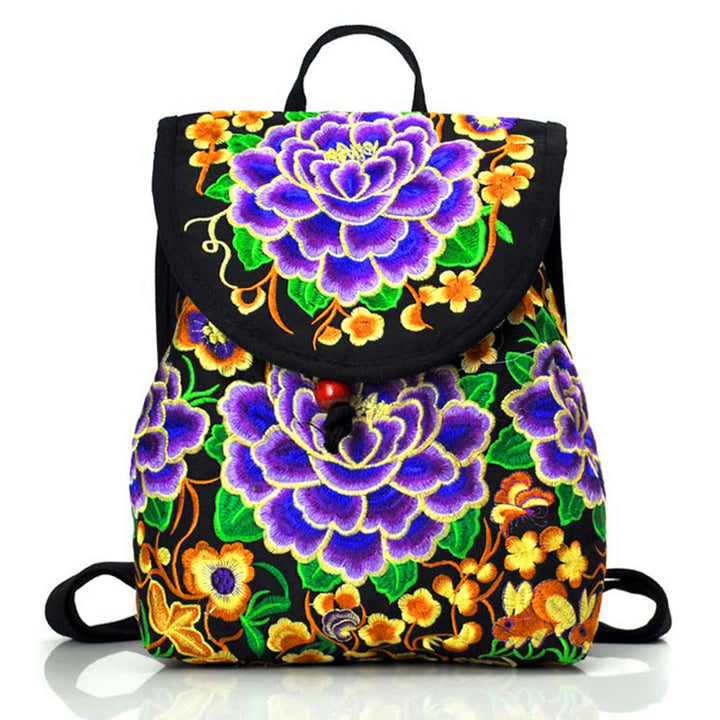 Mochila de lona con bordado de árbol de dinero chino, peonía y Buddha Stones