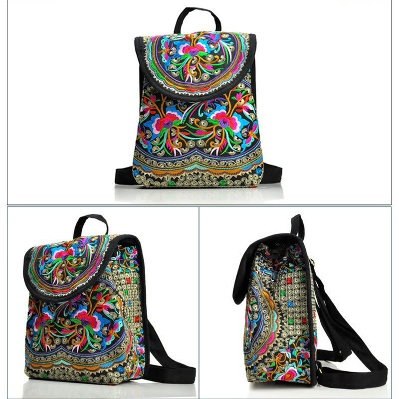 Mochila de lona con bordado de árbol de dinero chino, peonía y Buddha Stones