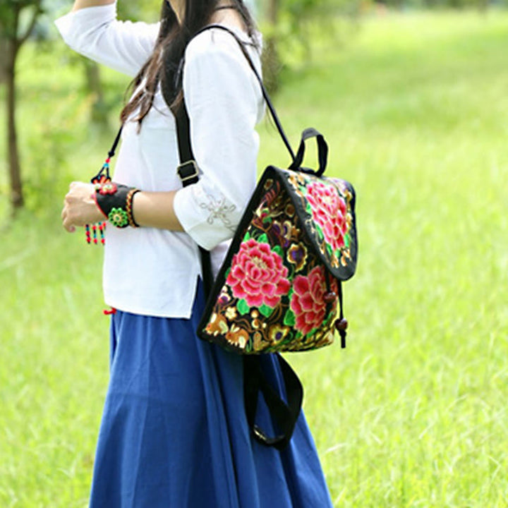 Mochila de lona con bordado de árbol de dinero chino, peonía y Buddha Stones