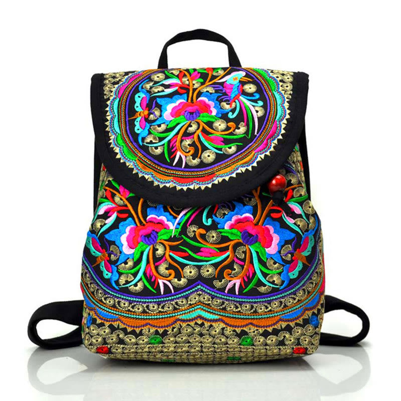 Mochila de lona con bordado de árbol de dinero chino, peonía y Buddha Stones