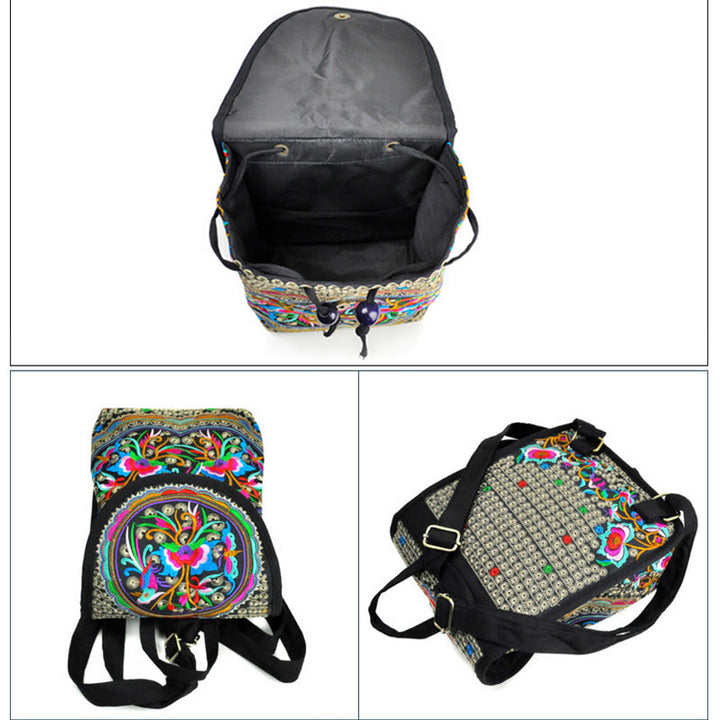 Mochila de lona con bordado de árbol de dinero chino, peonía y Buddha Stones