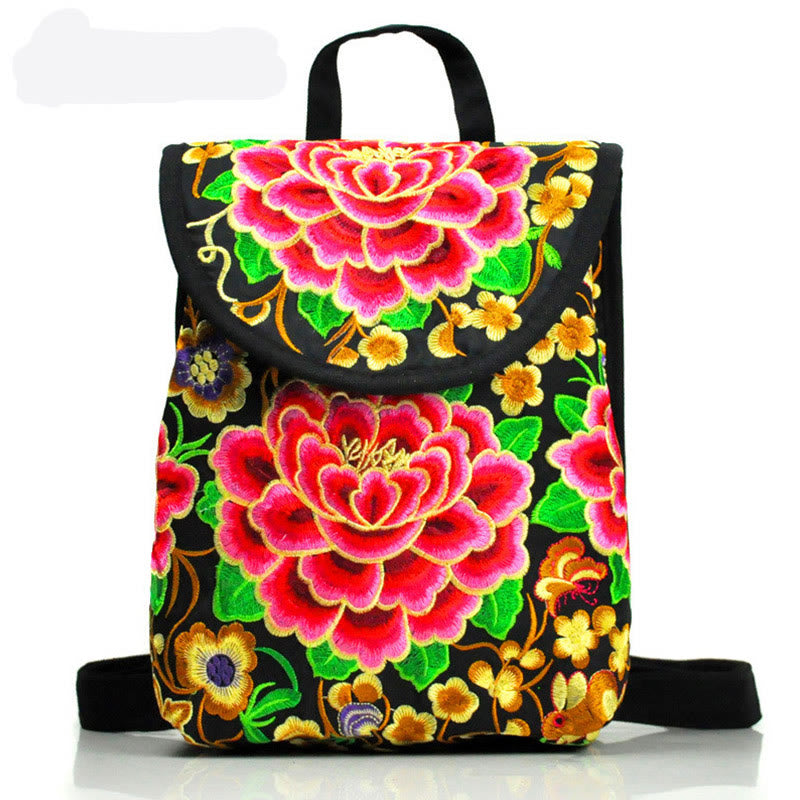 Mochila de lona con bordado de árbol de dinero chino, peonía y Buddha Stones