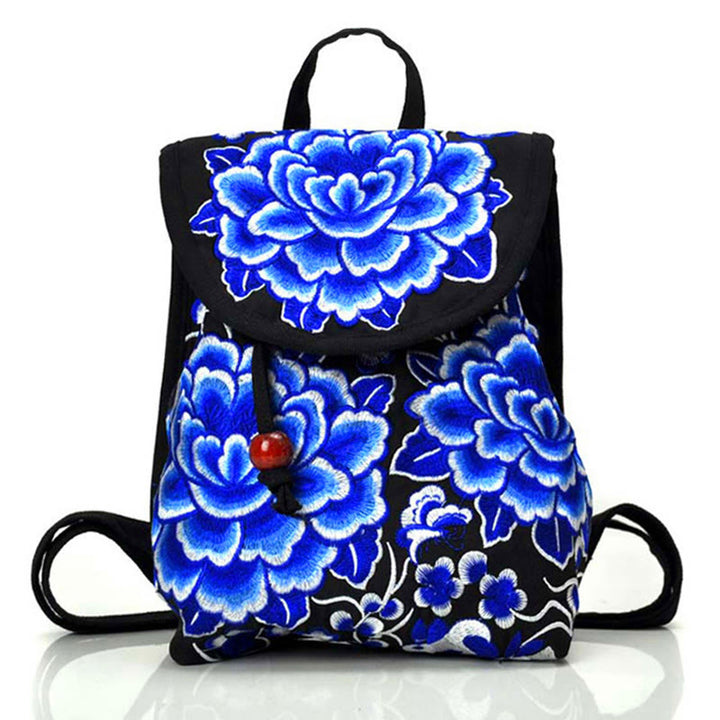 Mochila de lona con bordado de árbol de dinero chino, peonía y Buddha Stones