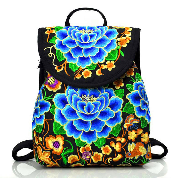 Mochila de lona con bordado de árbol de dinero chino, peonía y Buddha Stones