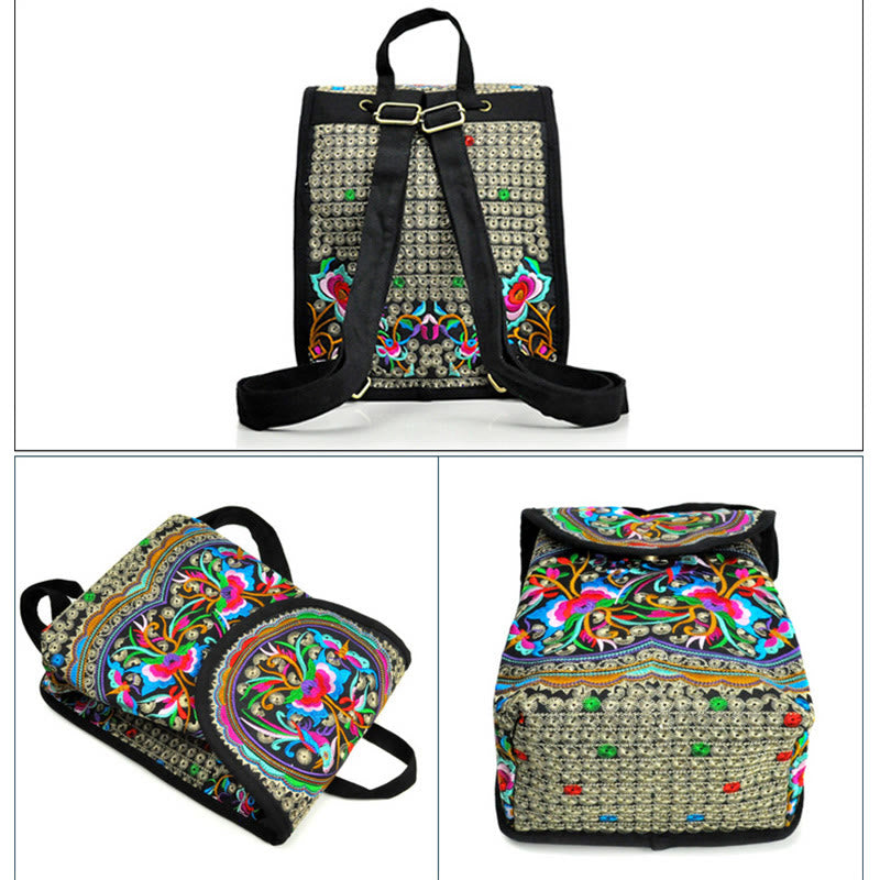 Mochila de lona con bordado de árbol de dinero chino, peonía y Buddha Stones
