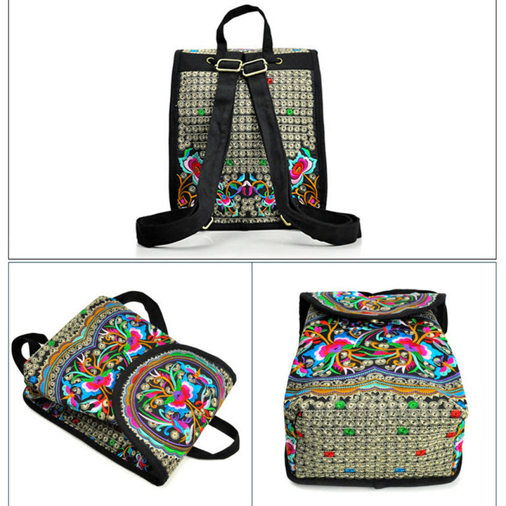Mochila de lona con bordado de árbol de dinero chino, peonía y Buddha Stones