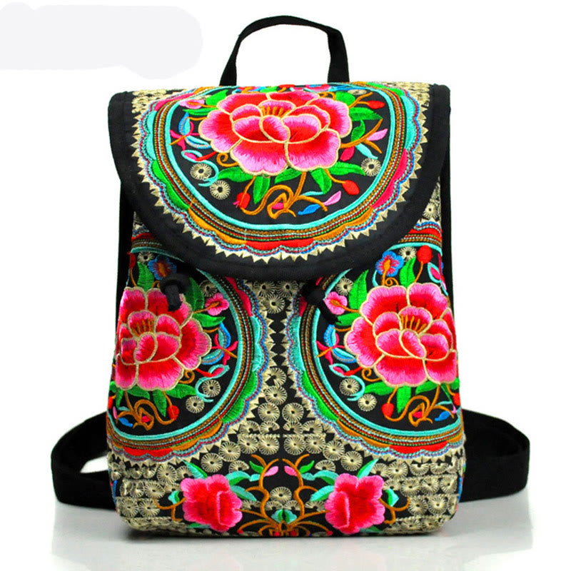 Mochila de lona con bordado de árbol de dinero chino, peonía y Buddha Stones