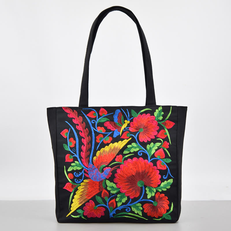 Bolso de mano de lona con bordado de peonías, camelias y crisantemos de Buddha Stones de Galsang