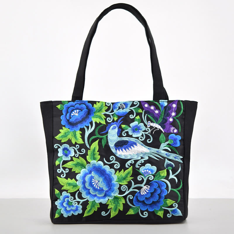 Bolso de mano de lona con bordado de peonías, camelias y crisantemos de Buddha Stones de Galsang