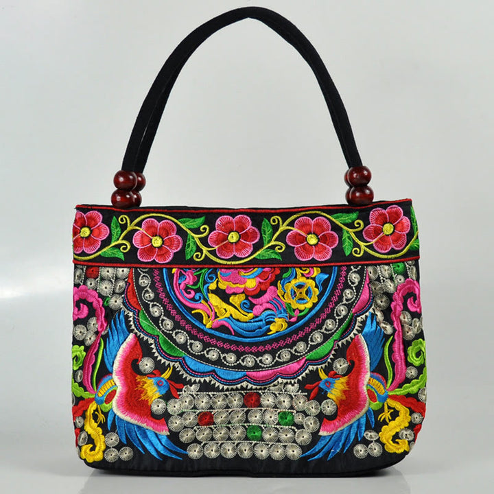 Bolso de mano de lona de algodón con bordado de doble cara , Buddha Stones , árbol del dinero, peonía, fénix y flor de manzano