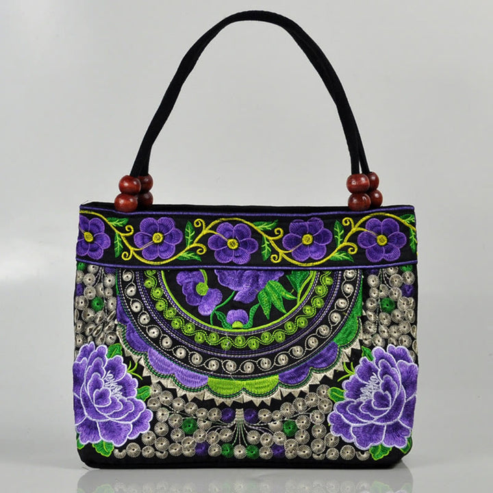 Bolso de mano de lona de algodón con bordado de doble cara , Buddha Stones , árbol del dinero, peonía, fénix y flor de manzano