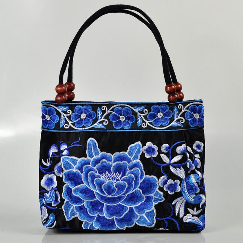 Bolso de mano de lona de algodón con bordado de doble cara , Buddha Stones , árbol del dinero, peonía, fénix y flor de manzano