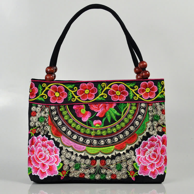 Bolso de mano de lona de algodón con bordado de doble cara , Buddha Stones , árbol del dinero, peonía, fénix y flor de manzano