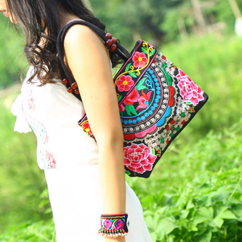 Bolso de mano de lona de algodón con bordado de doble cara , Buddha Stones , árbol del dinero, peonía, fénix y flor de manzano