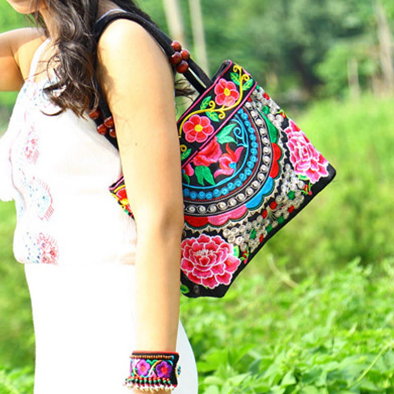 Bolso de mano de lona de algodón con bordado de doble cara , Buddha Stones , árbol del dinero, peonía, fénix y flor de manzano
