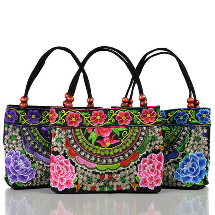 Bolso de mano de lona de algodón con bordado de doble cara , Buddha Stones , árbol del dinero, peonía, fénix y flor de manzano