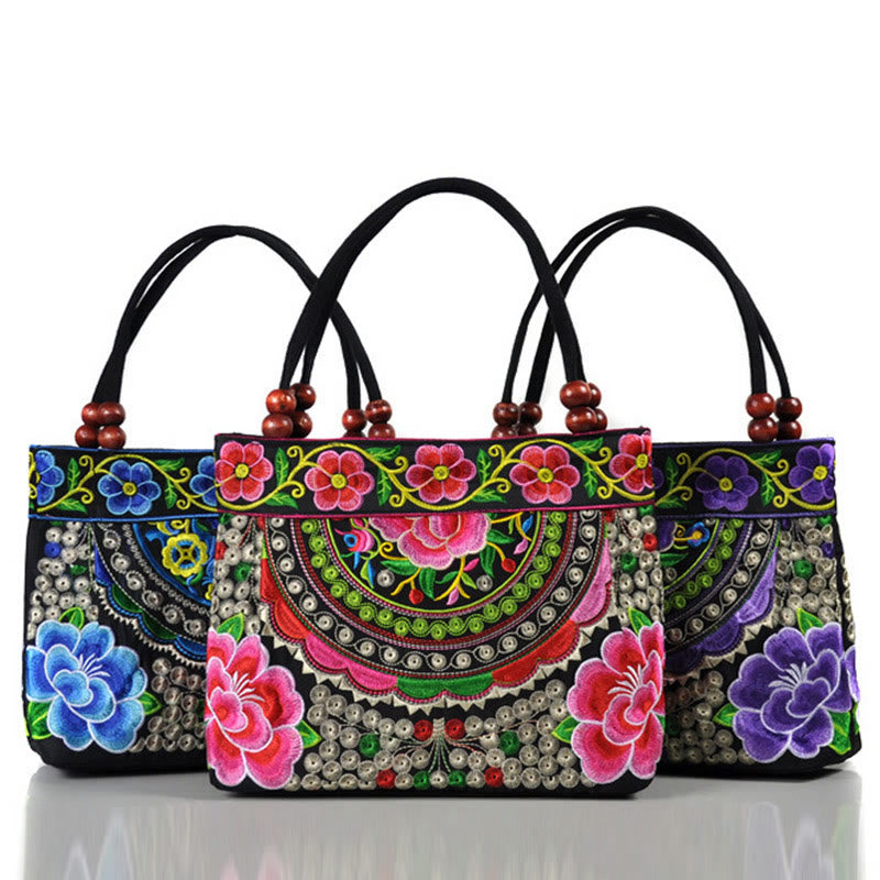 Bolso de mano de lona de algodón con bordado de doble cara , Buddha Stones , árbol del dinero, peonía, fénix y flor de manzano