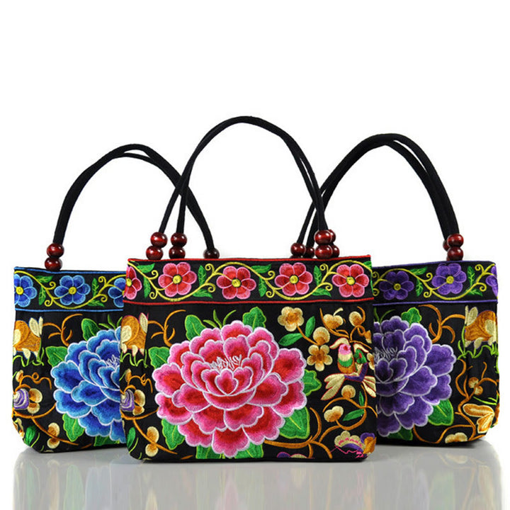 Bolso de mano de lona de algodón con bordado de doble cara , Buddha Stones , árbol del dinero, peonía, fénix y flor de manzano