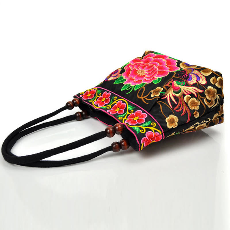 Bolso de mano de lona de algodón con bordado de doble cara , Buddha Stones , árbol del dinero, peonía, fénix y flor de manzano
