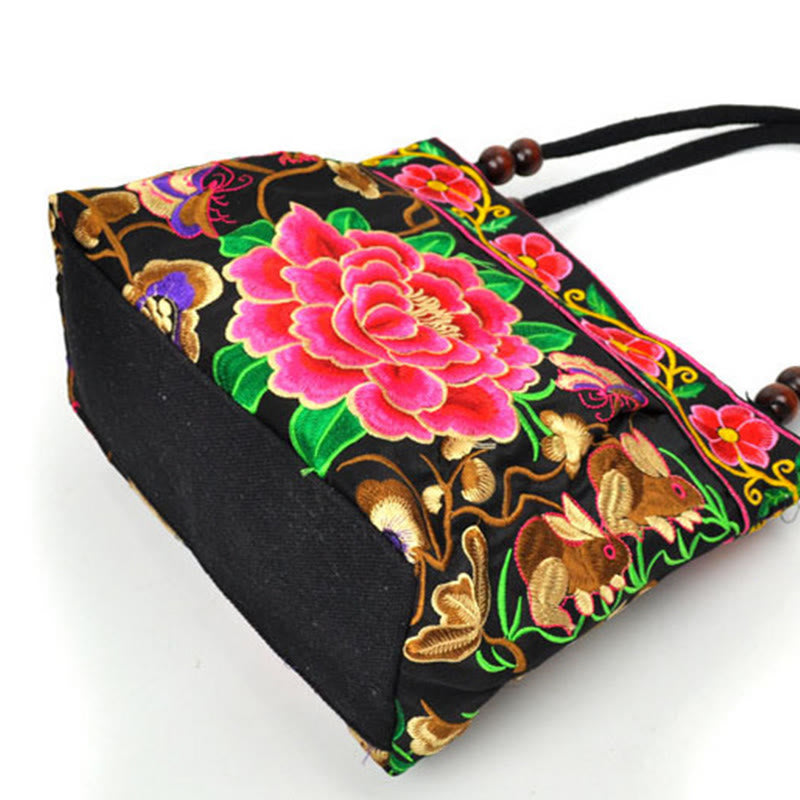 Bolso de mano de lona de algodón con bordado de doble cara , Buddha Stones , árbol del dinero, peonía, fénix y flor de manzano