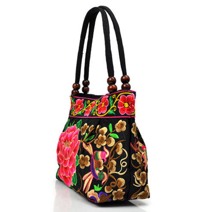 Bolso de mano de lona de algodón con bordado de doble cara , Buddha Stones , árbol del dinero, peonía, fénix y flor de manzano