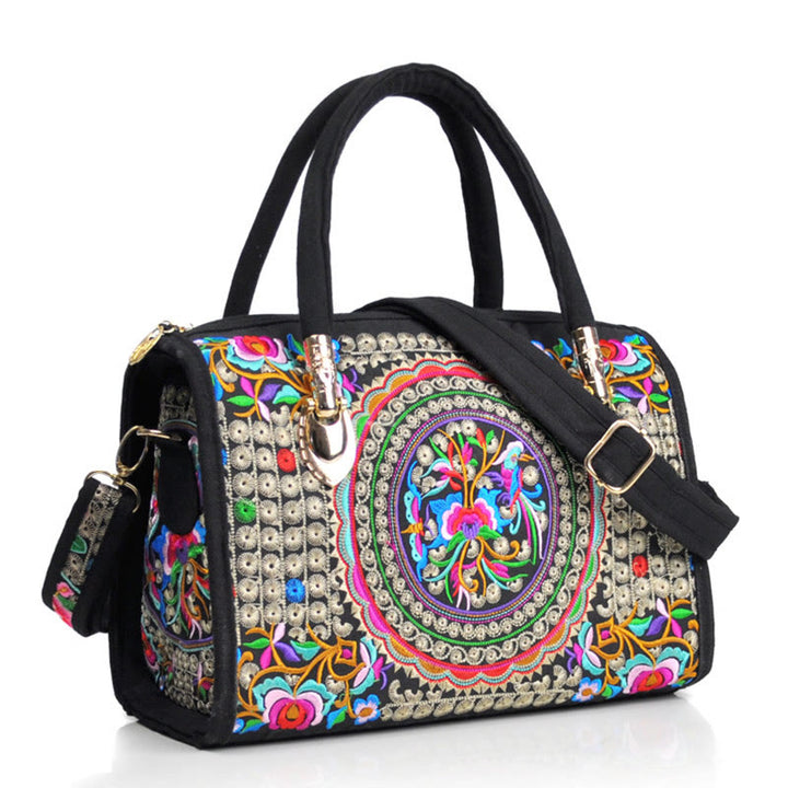 Bolso de mano tipo bandolera con bordado de doble cara de lona con diseño de árbol del dinero, peonías y camelias y piedras de Buddha Stones