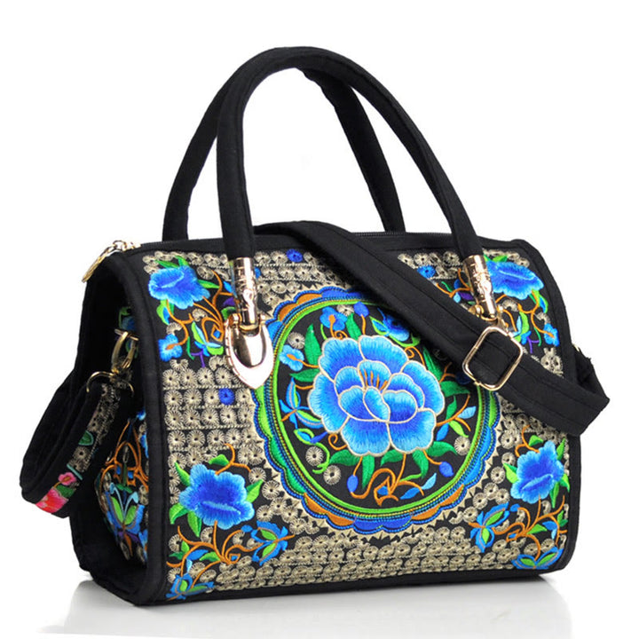 Bolso de mano tipo bandolera con bordado de doble cara de lona con diseño de árbol del dinero, peonías y camelias y piedras de Buddha Stones