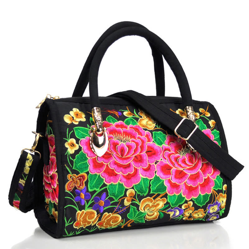 Bolso de mano tipo bandolera con bordado de doble cara de lona con diseño de árbol del dinero, peonías y camelias y piedras de Buddha Stones