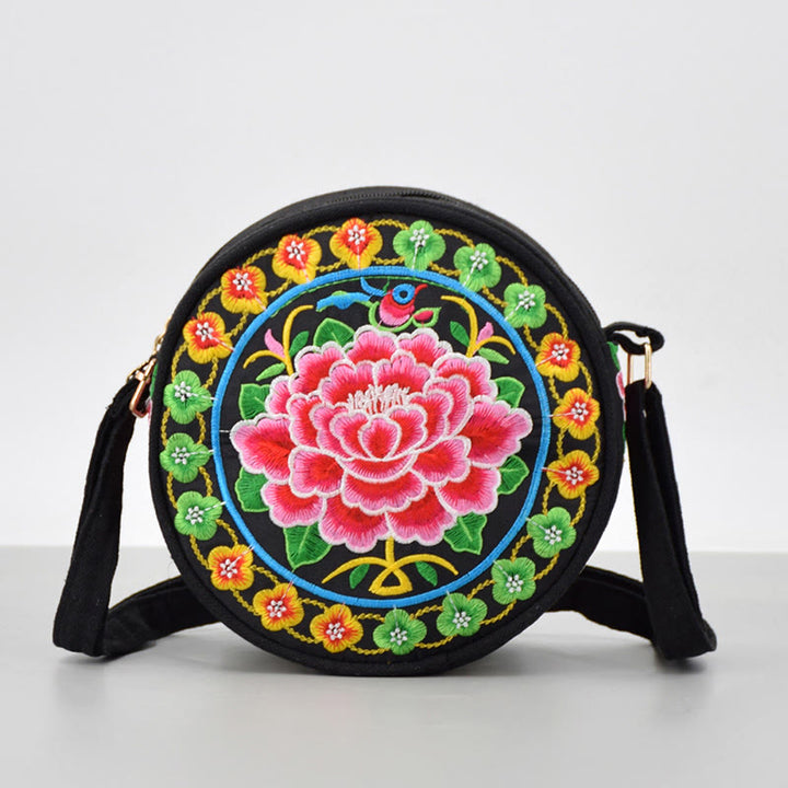 Bolso de mano de lona con bordado de doble cara, bolso cruzado, bolso de mano, árbol del dinero, flores de peonía, rosa, pavo real, Galsang, Inula