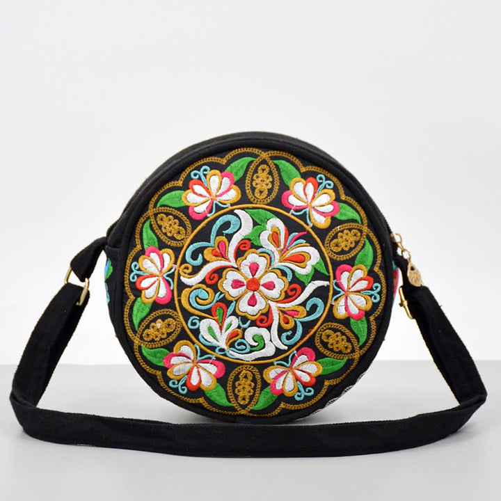 Bolso de mano de lona con bordado de doble cara, bolso cruzado, bolso de mano, árbol del dinero, flores de peonía, rosa, pavo real, Galsang, Inula