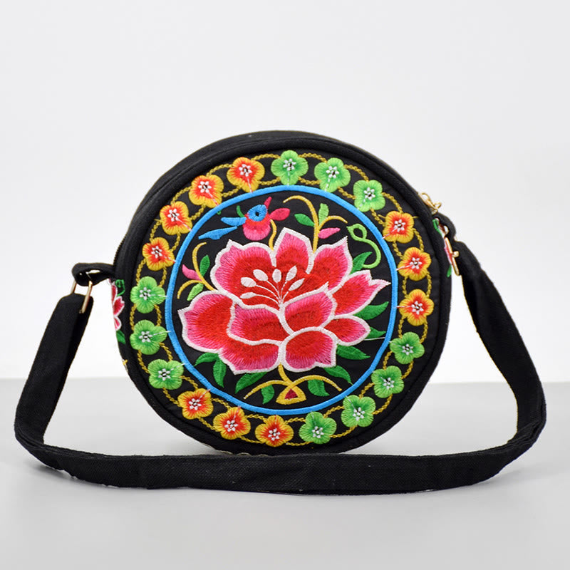 Bolso de mano de lona con bordado de doble cara, bolso cruzado, bolso de mano, árbol del dinero, flores de peonía, rosa, pavo real, Galsang, Inula